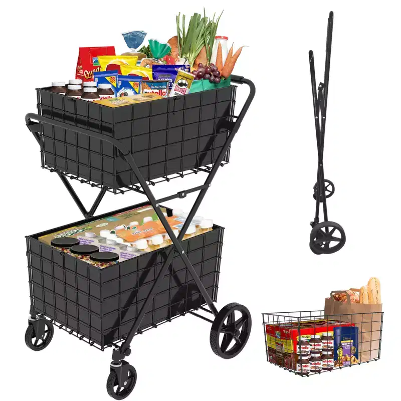 2-Tier Foldable Shopping Cart with Removable Baskets and 360 Swivel Wheels
