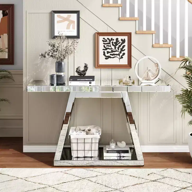 55.9 Modern Mirrored Console Table, Full-Body Reflective Entryway Table with Trapezoid Base, for Hallway or Living Room - Panipeachy