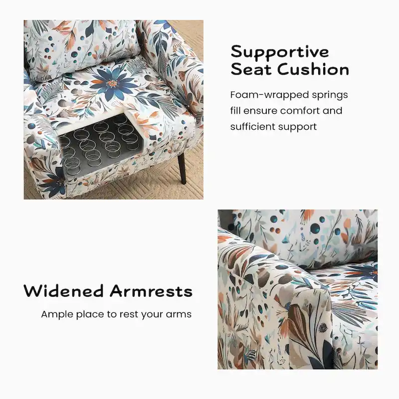 Floral Print Upholstered Accent Chair – Reading Armchair with Adjustable Metal Legs
