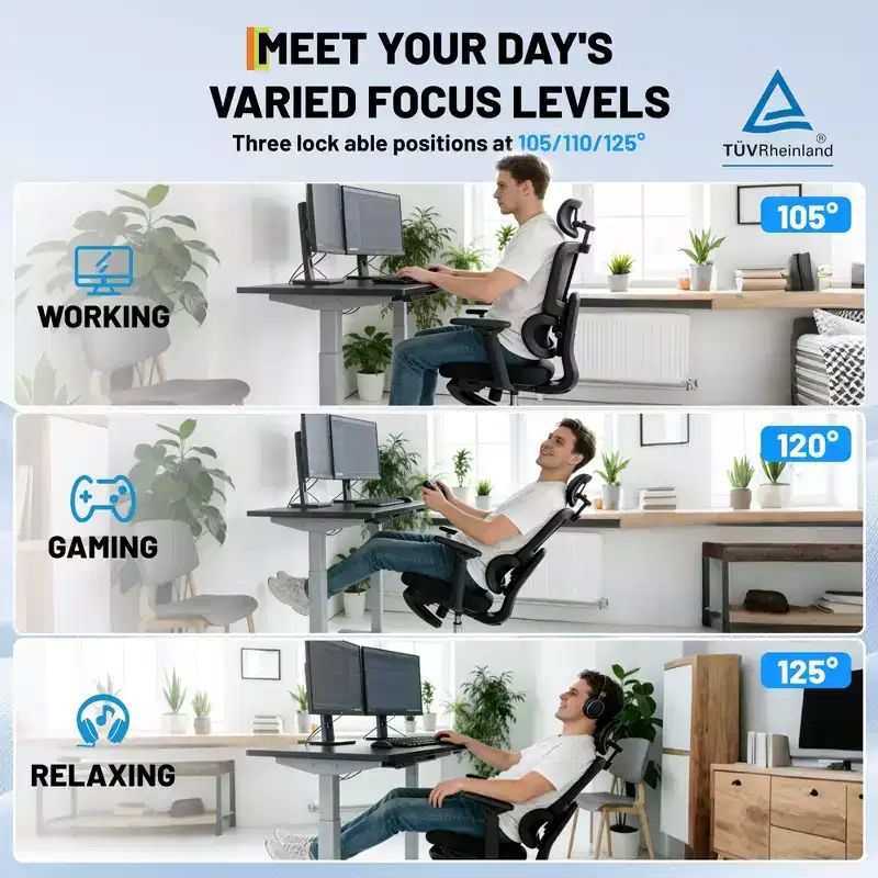 Ergonomic Mesh Office Chair, Adjustable Lumbar High Back Desk Chair 300lbs, 4D Flip-Up Arms, 3-Level Tilt Backrest, 3D Headrest, PU Wheels