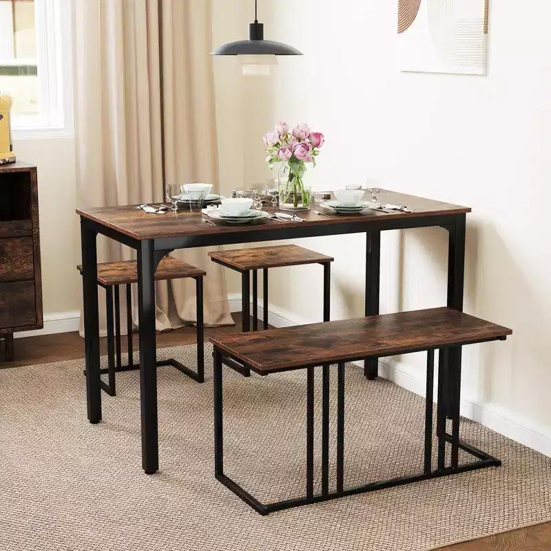 Costway 4-Piece Dining Table Set Industrial Kitchen Table Set w/ Bench & 2 Stools