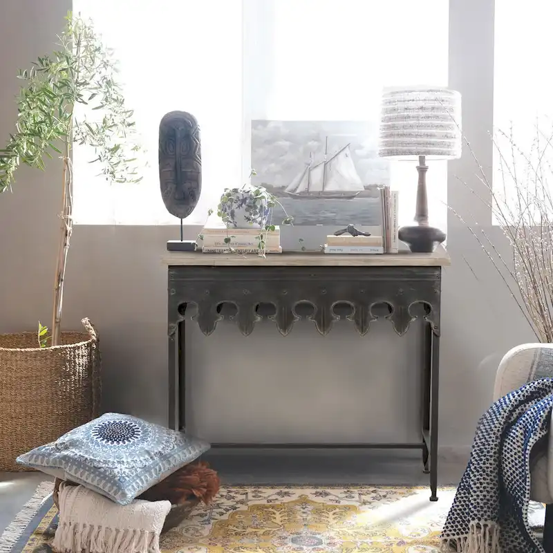Zinc-Finished Metal and Wood Scalloped Edge Sofa Table