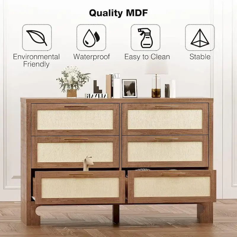 GAOMON 6 Drawers for Bedroom,Farmhouse Burlap Wide Closet Dressers Chest of Drawers