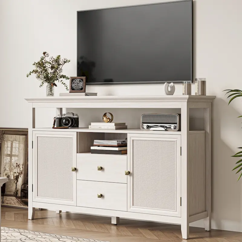 Rattan Sideboard with 2 Drawers & Adjustable Shelves – White, Boho Farmhouse Style