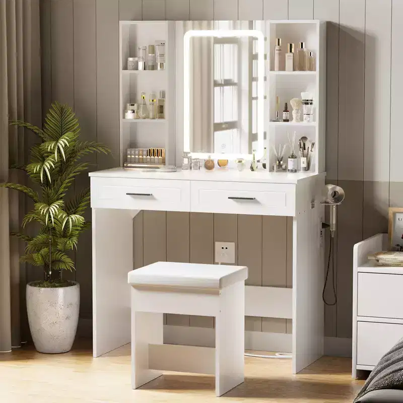 Hommpa Makeup Desk Vanity with Charging Station and Storage Shelves White Basic
