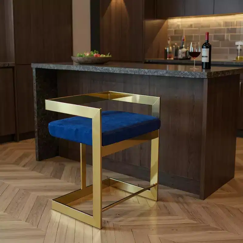 HomeRoots 26 Blue and Gold Metal and Velvet Low Back Counter Height Bar Chair