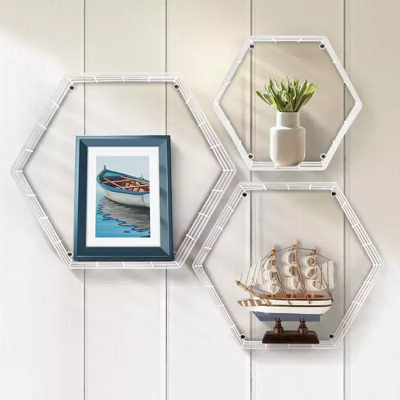 Sorbus Metal Wire Hexagon Design Wall Mounted Floating Shelves, Set of 3 - White