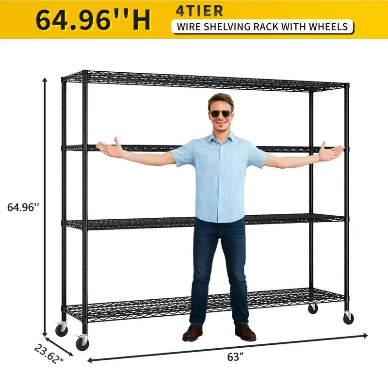 Black 4-Tier Adjustable Tier Spacing With Adjustable Casters