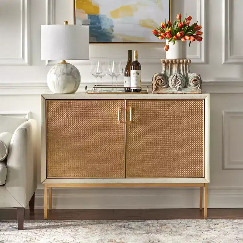Antique White & Natural Rattan Door Buffet – Glam Style Sideboard with Adjustable Shelves