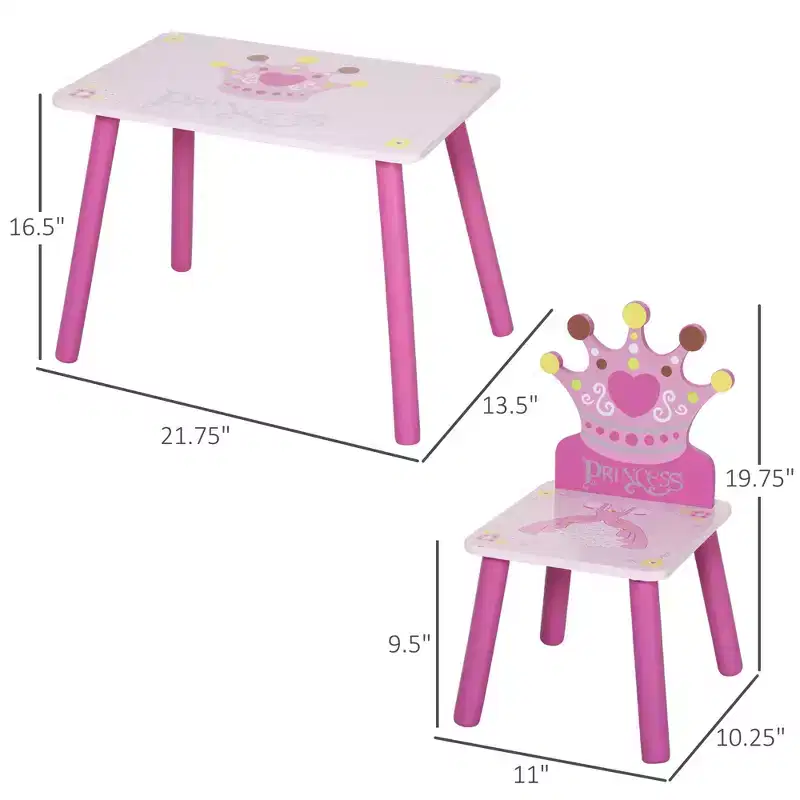 Qaba 3-Piece Kids Wooden Table and Chair Set with Crown Pattern Toddlers Arts Reading Writing Age 2-4 Years Pink
