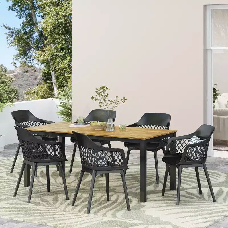 GDFStudio Miramar Outdoor 7 Piece Polypropylene Resin and Acacia Wood Dining Set with 70 Table, Black and Teak