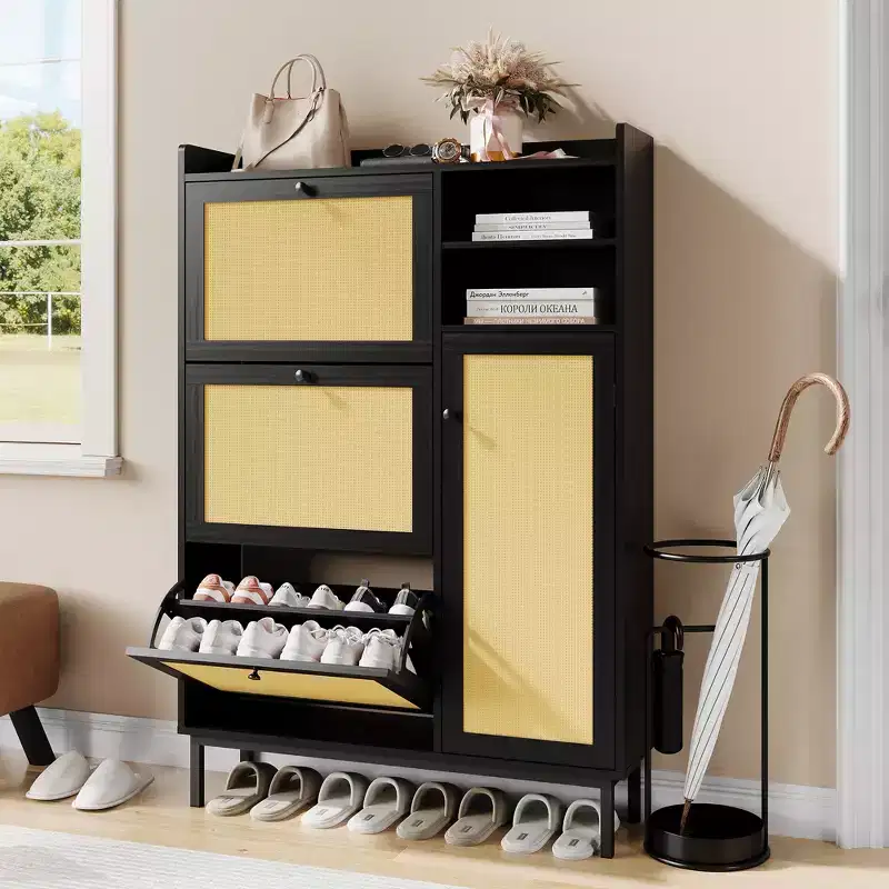 Shoe Cabinet with 3 Flip Drawers and 4 Tier Adjustable Shelves, Natural Rattan Shoe Organizer Storage for Entryway Hallway Closet