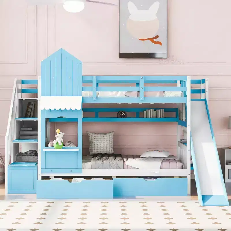 Twin Size Castle Bunk Bed with 2 Drawers, 3 Shelves & Slide – Kids Loft Bed