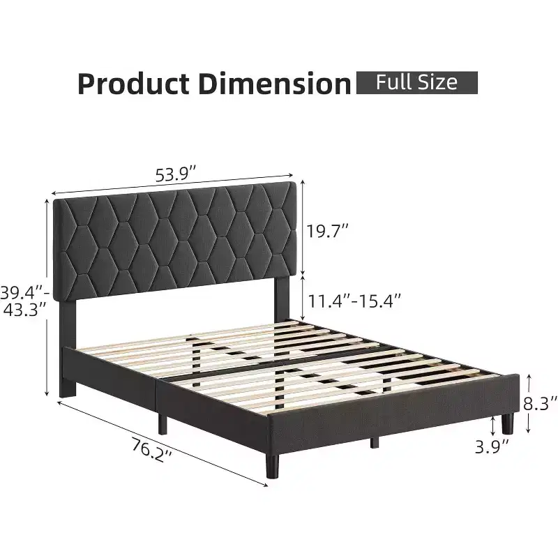 Platform Bed Frame with Upholstered Headboard, Linen Fabric Bed Frame with Wood Slat Support, Strong Metal Bed Frame, Noise Free, Grey