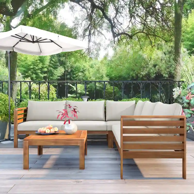 4-Piece Acacia Wood L-Shaped Sectional Sofa Set with Table