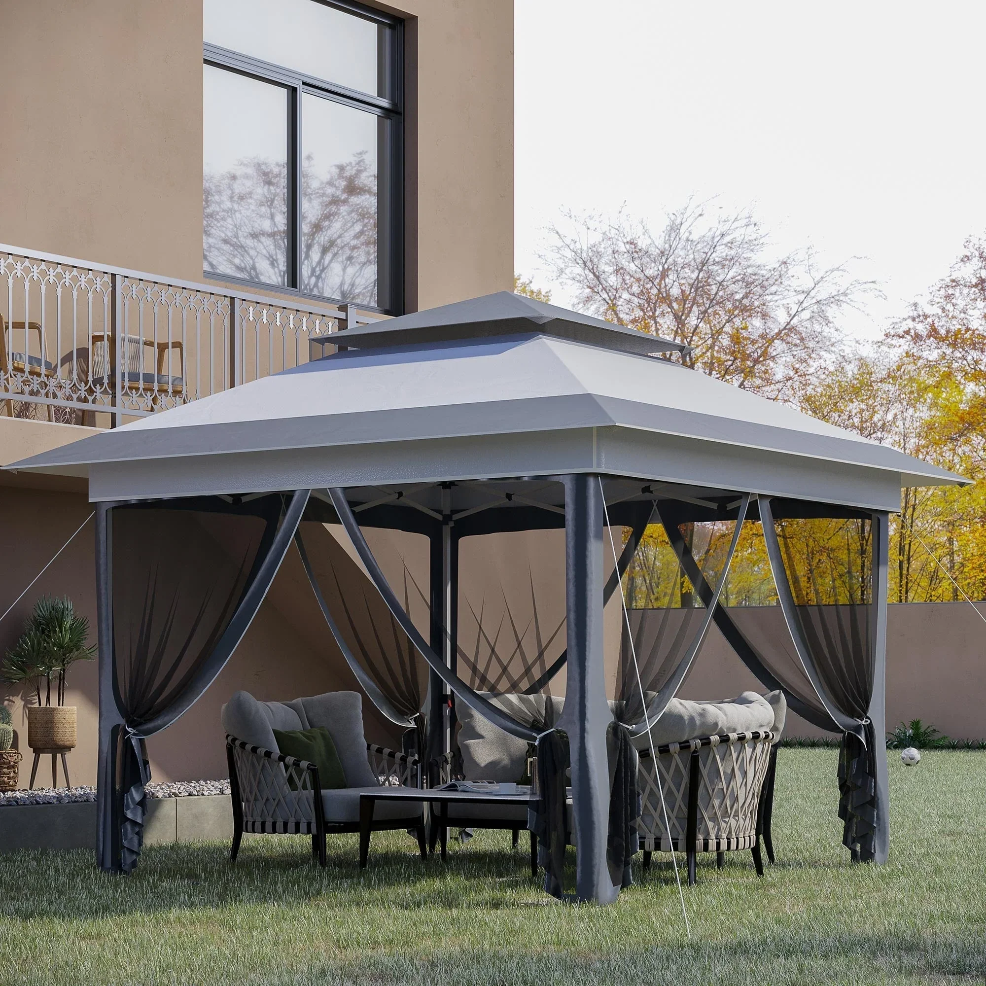 Outsunny 12 x 12 Pop Up Canopy Sun Shade Instant Tent Folding with Mesh Sidewall Netting, 3-Level Adjustable Height