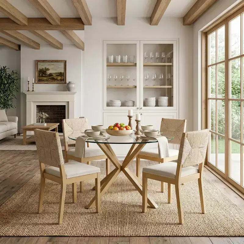 French Country Woven Back Dining Chairs Set of 4, Solid Wood Dining Room Chairs with Linen Upholstered Seat, Modern Kitchen Chairs