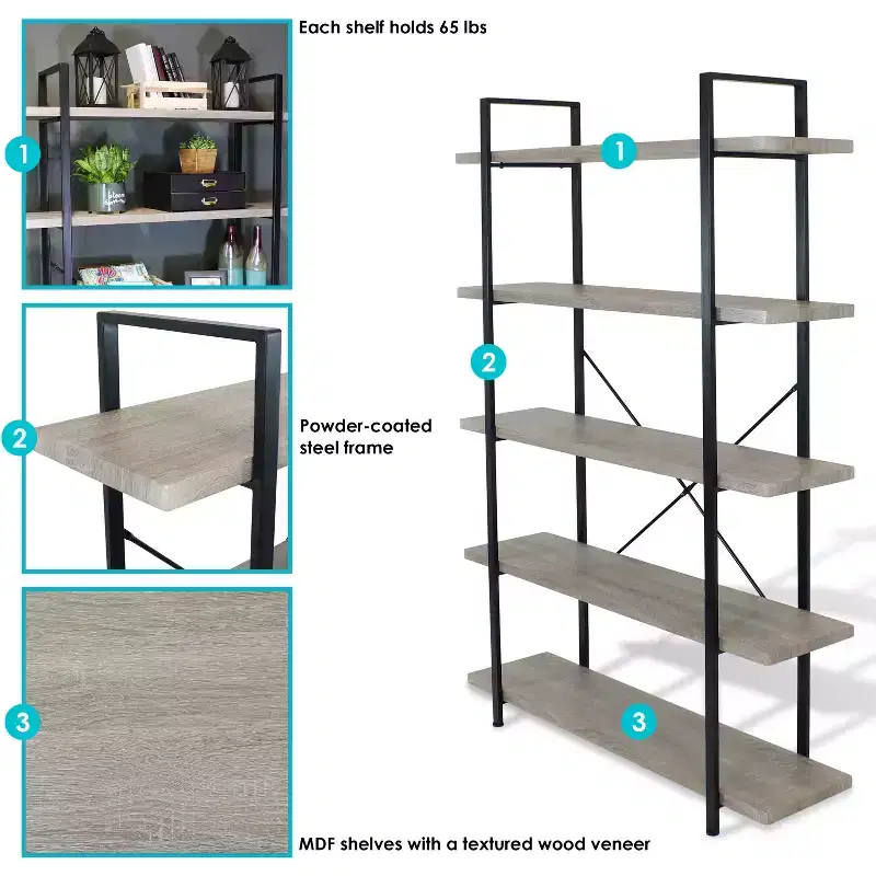 Sunnydaze 5 Shelf Industrial Style Freestanding Etagere Bookshelf with Wood Veneer Shelves - Oak Gray Veneer