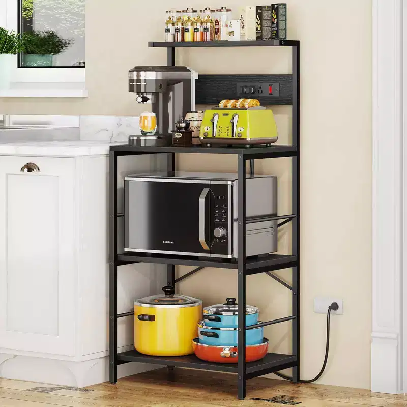 Anycoo 4-Tier Bakers Rack with Power Outlets, Microwave Stand with Storage, Freestanding Kitchen Shelf, Coffee Bar Table, Black/Brown/Gray