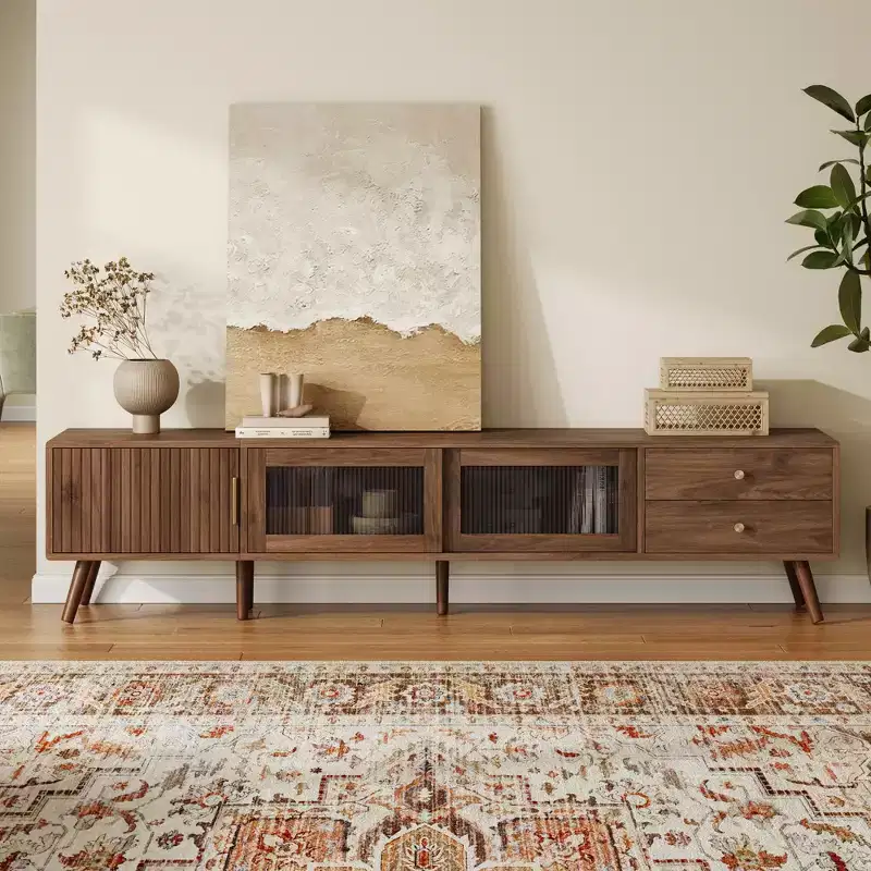 ModernLuxe TV Stand for TVs up to 85, Entertainment Center with Storage Cabinets & Glass-Doors, Media Console, Natural