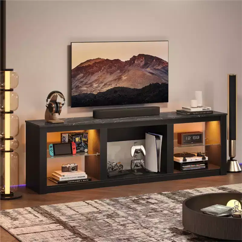 Bestier 71 TV Stand Modern Entertainment Center for TVs up to 75 with LED Light, TV Console Table with Storage Shelves for Living Room