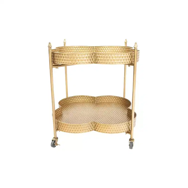 Storied Home Clover Shaped 2-Tier Hammered Metal Bar Cart with Wheels