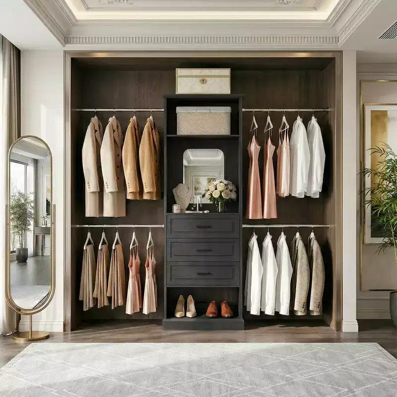 Besiost Closet System with 4 Hanging Rods and 3 Drawers, Closet Organizer with Mirror