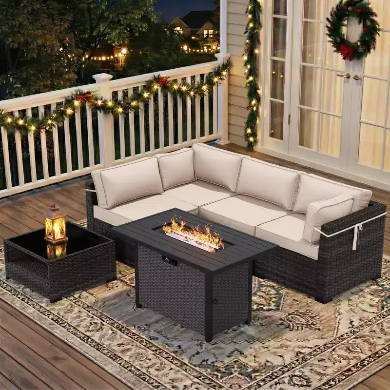 UPTIOT 4-Piece Patio Set: Corner Sofa, Grey Fire Pit Table & Tempered Glass Coffee Table for Ultimate Outdoor Relaxation