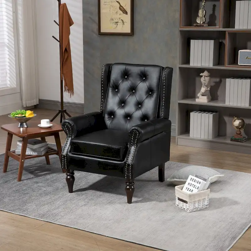 Upholstered PU Leather Accent Chair,Mid Century Button Tufted High Back Arm Chair with Armrest and Solid Wood Legs