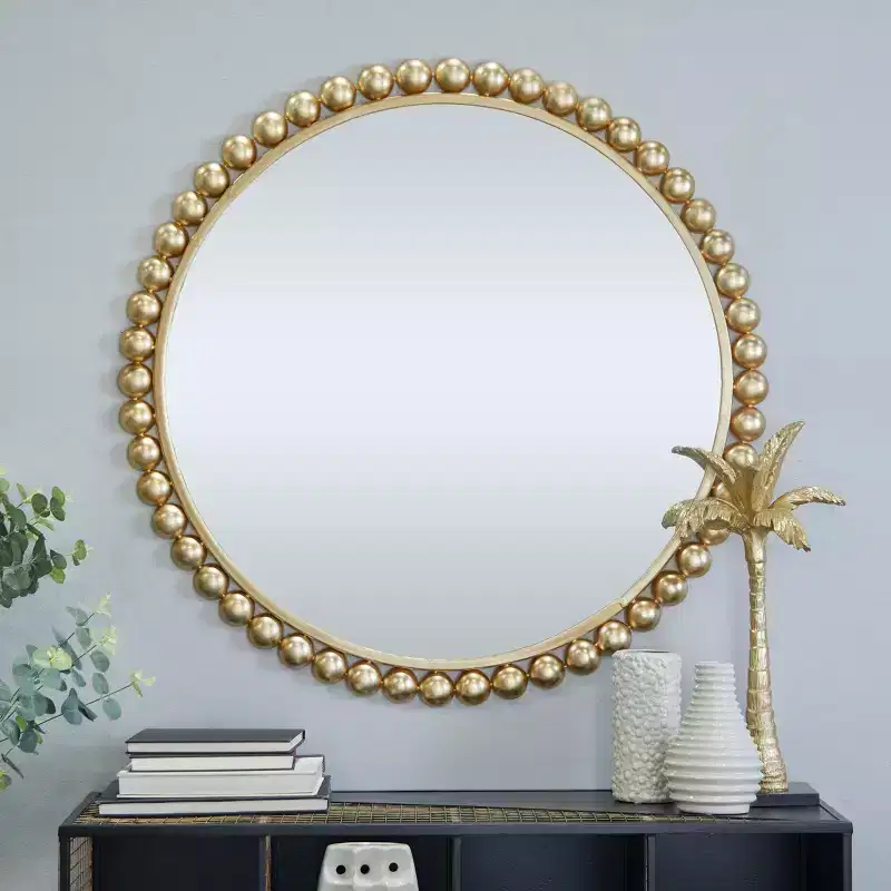 Round Metal Wall Mirror with Bead Detailing, 36 Inch