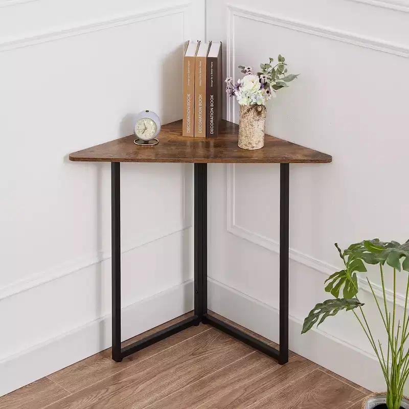 VECELO Corner Shelf, Triangle Shelves End/Side Table with Metal Frame for Living Room, Small Space, Brown/Gray