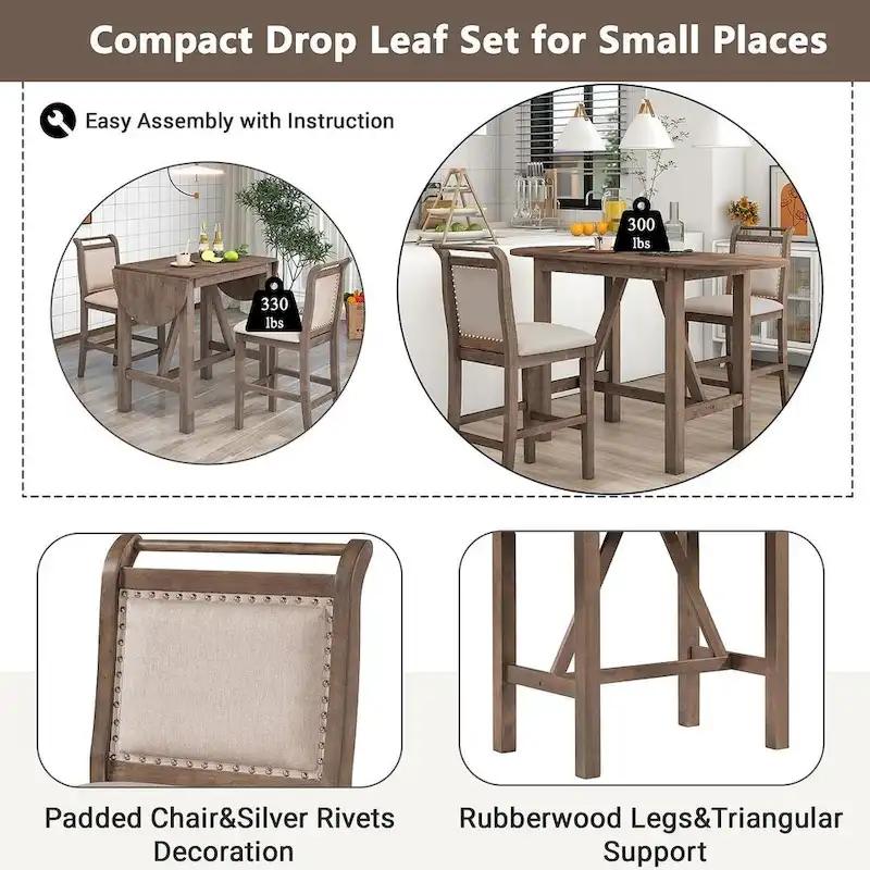 3-Piece Wood Counter Height Drop Leaf Dining Table Set with 2 Upholstered Dining Chairs