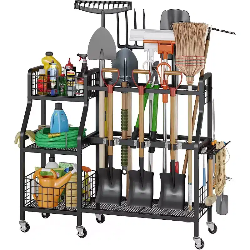Black 3-Tier Rolling 36-Slot Garden Tool Organizer with 2 Baskets