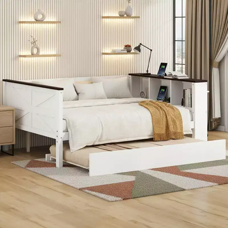 Modern Utility Daybed with Charging Station, Upholstered Backrest & Trundle
