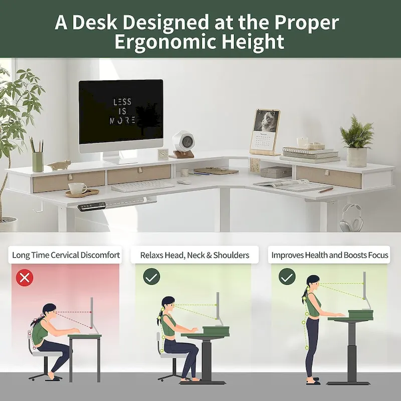 L-Shaped Electric Standing Desk with 3 Drawers & Lockable Casters, 63