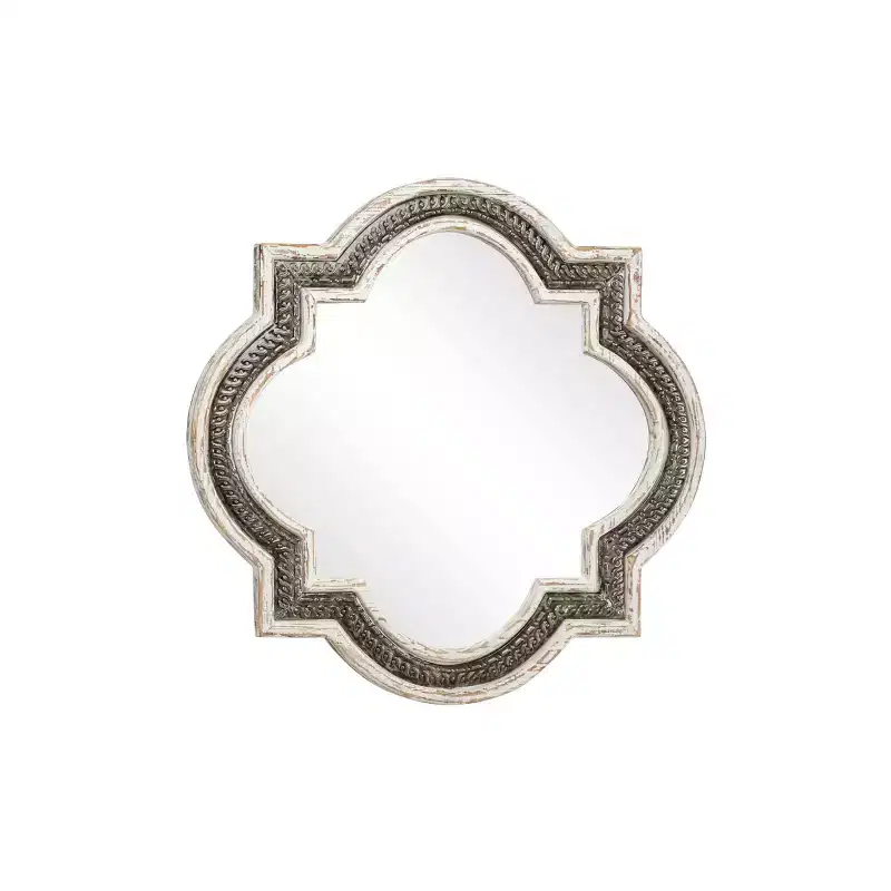 Wood Quatrefoil Wall Mirror White Baroque Iron Inlay, No Assembly Required