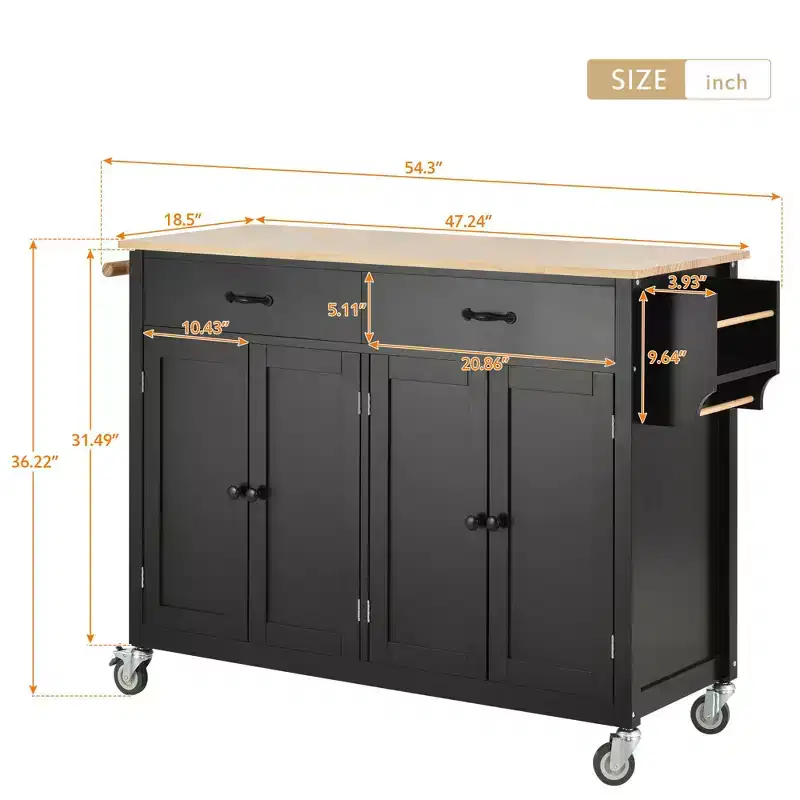 PexFix 54.3 Inch Kitchen Island Cart with Solid Wood Top and Locking Wheels 4 Door Cabinet and Two Drawers & Spice Rack & Towel Rack Black