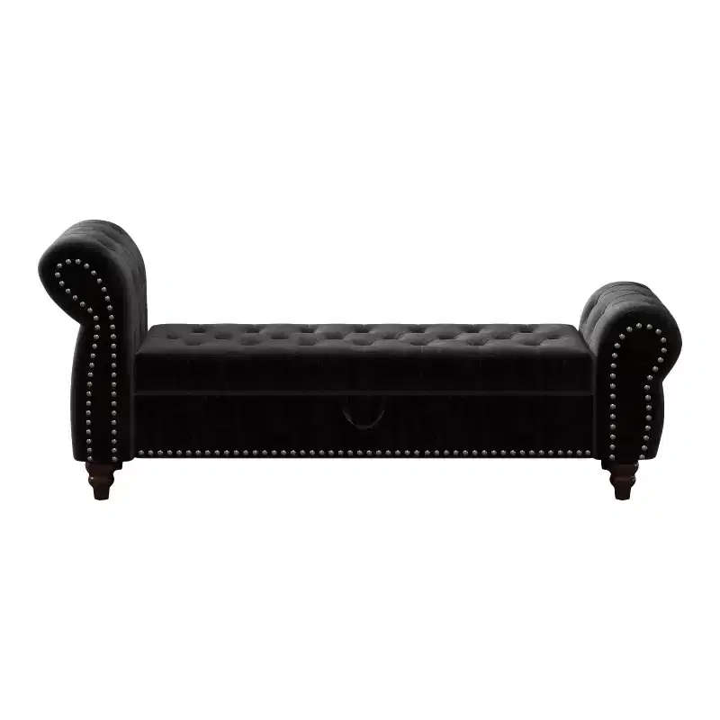 Bed Bench for Bedroom Nails Tufted Chaise Lounge with Storage Velvet Upholstery Bench, Navy Blue