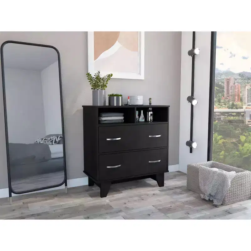 Okak Modern Bedroom Dresser Nightstand with 2 Large Drawers & 2 Open Shelves, Four Legs Chest Cabinet for Living Room Hallway Entryway
