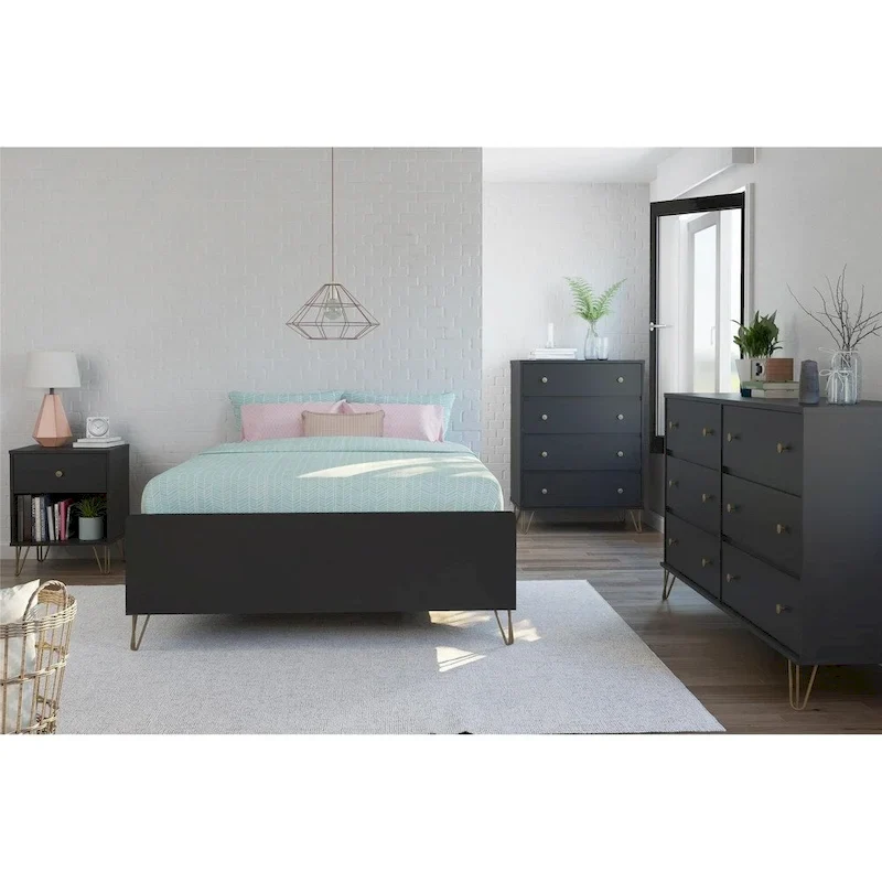 Black Nightstand with 2 Drawers, Modern Bedroom Storage