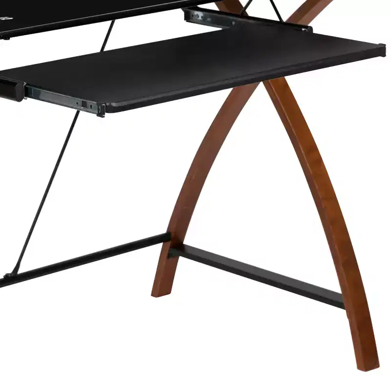 Emma and Oliver Glass Computer Desk-Pull-Out Keyboard Tray & Crisscross Frame