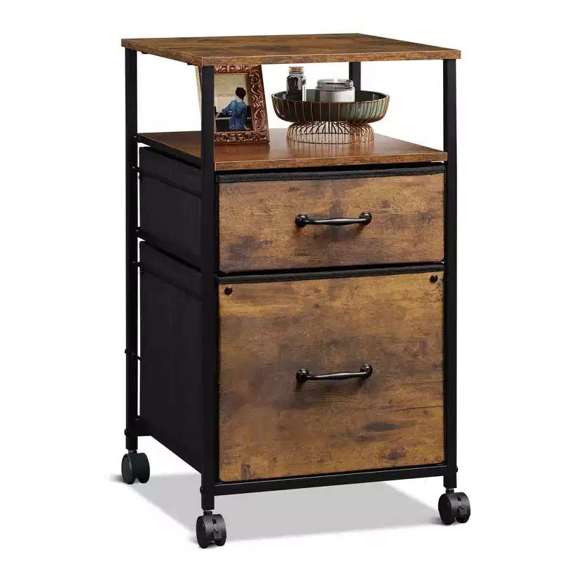 2-Drawer Mobile Filing Cabinet with Open Shelf & Rolling Printer Stand - Rustic Brown