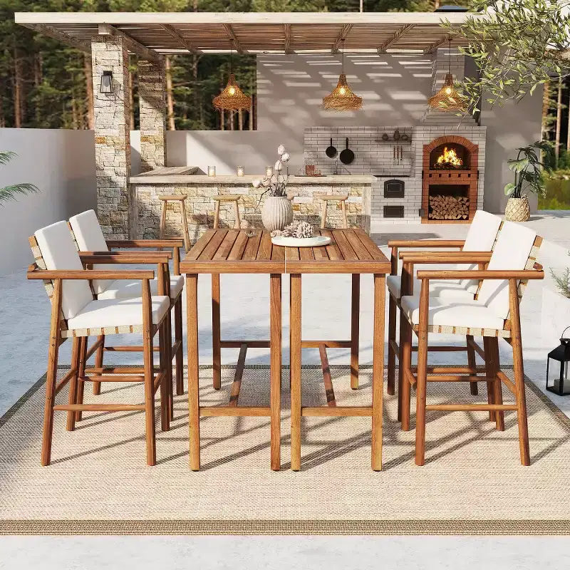 6-Piece Patio Bar Dining Set, 2 Counter-Height Acacia Wood Tables with 4 Cushioned Outdoor Stools for Backyard & Poolside-Panipeachy
