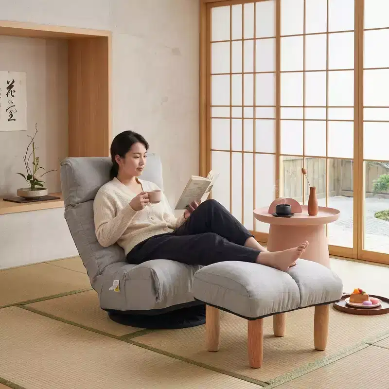 FurnitureR Swivel Floor Lounge Chair with Ottoman, Adjustable Reclining Lazy Chair with Footrest, Meditation Gaming Chair for Living Room Bedroom