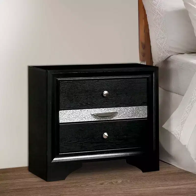 Nightstand with Silver Trim Accent and 1 Jewelry Drawer — Black