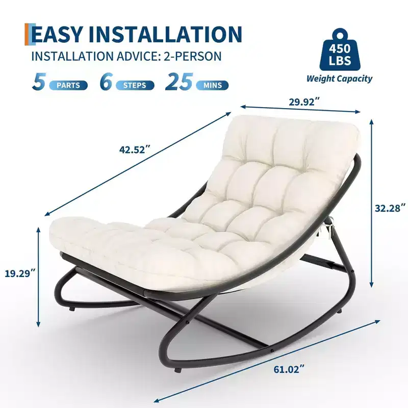 Oversized Tufted Rocking Lounge Chair with Removable Cushion, Cream White Upholstered Accent Chair for Living Room & Bedroom