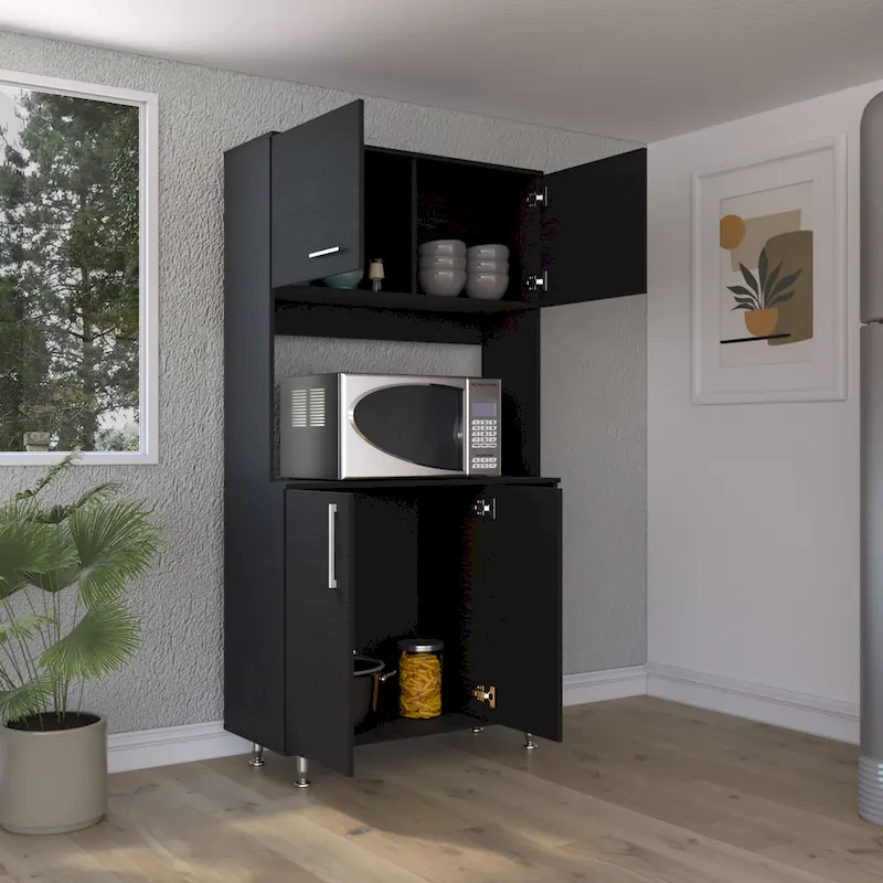 Kitchen Pantry Double Door Cabinet, Four Legs, Three Shelves