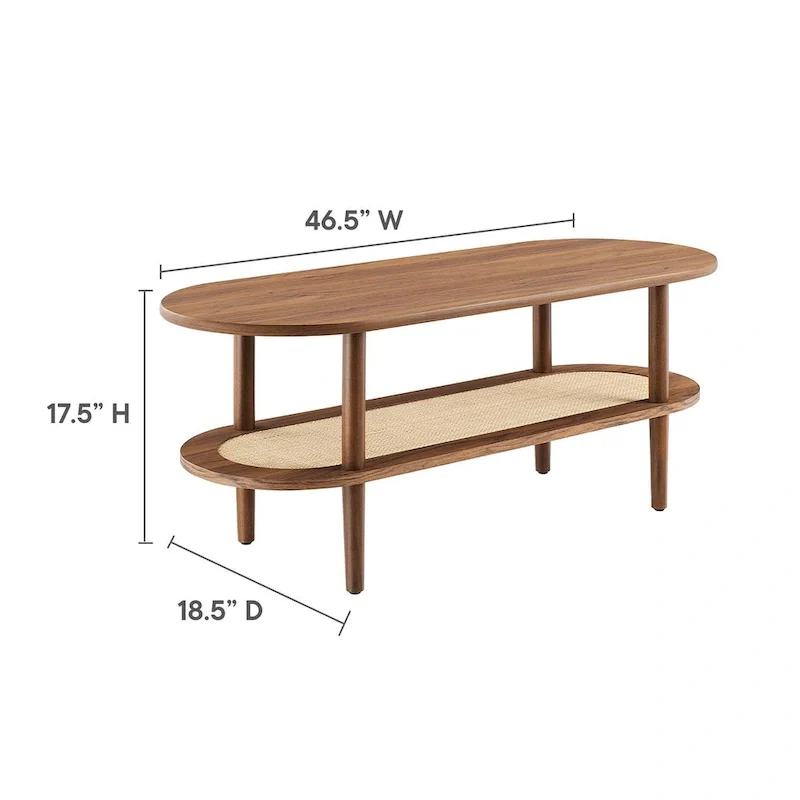 Modern Walnut Oval Coffee Table with Lower Storage Shelf and Wood Legs