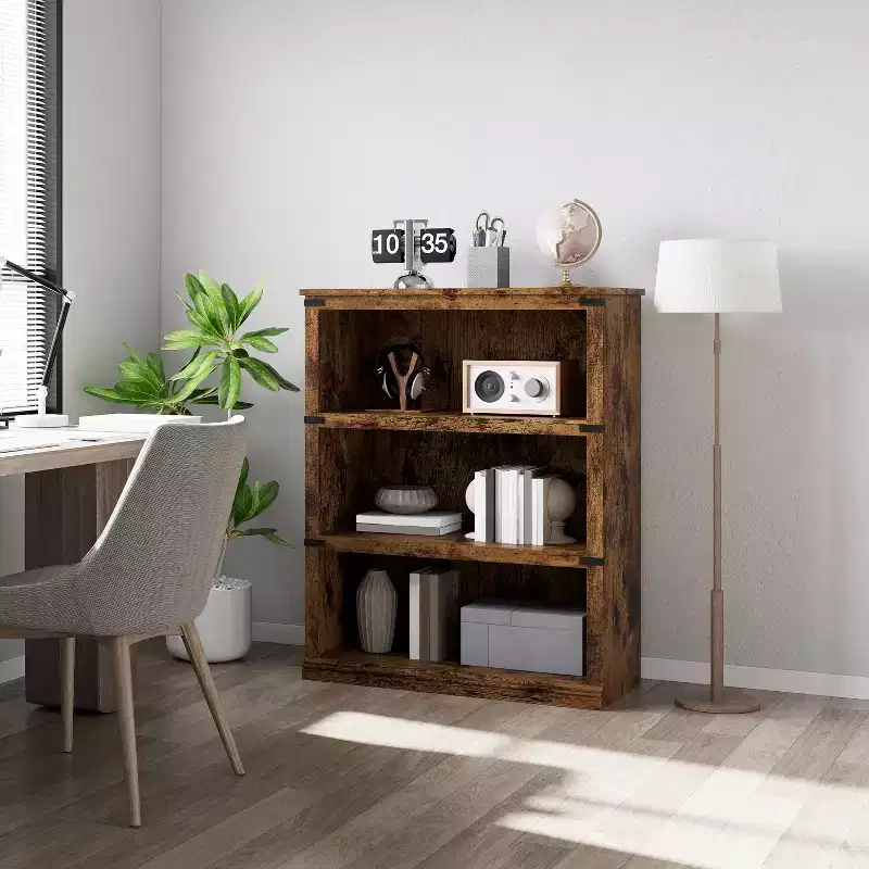 Farmhouse Wood Bookcase with Storage, Rustic Open Display Shelves for Home Office, Living Room and Bedroom, Sturdy Wood Bookshelf Organizer