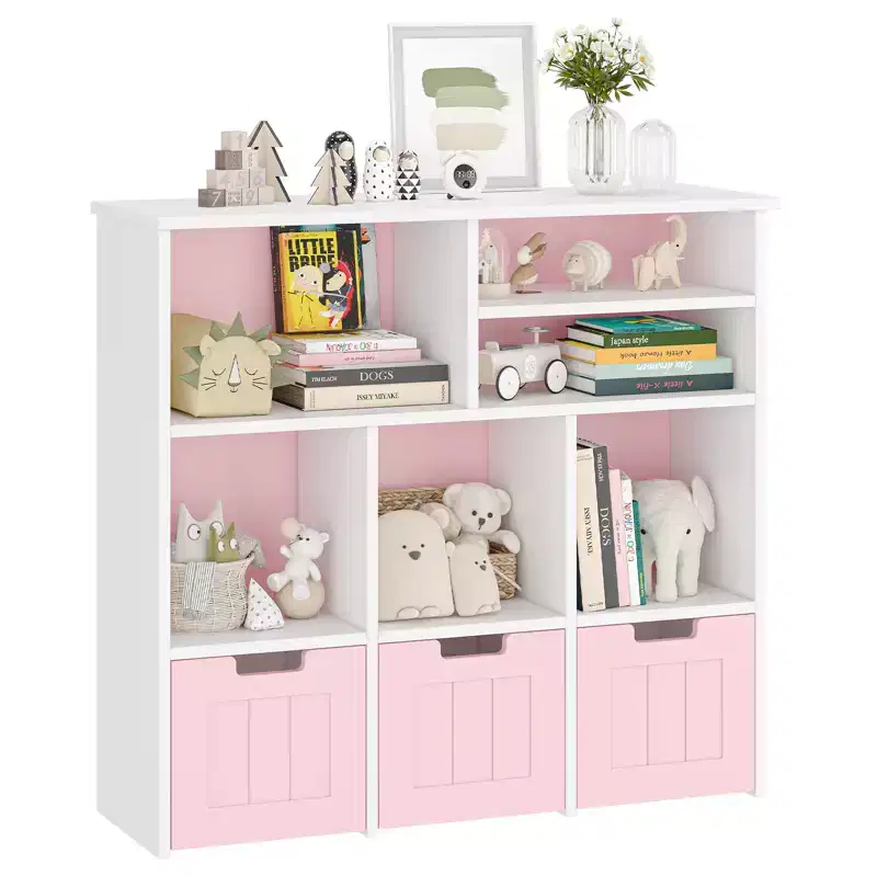 Kids Toy Storage Organizer with 3 Movable Drawers and 6 Storage Cubbies for Living Room, Playroom, Nursery, Bedroom, White and Pink